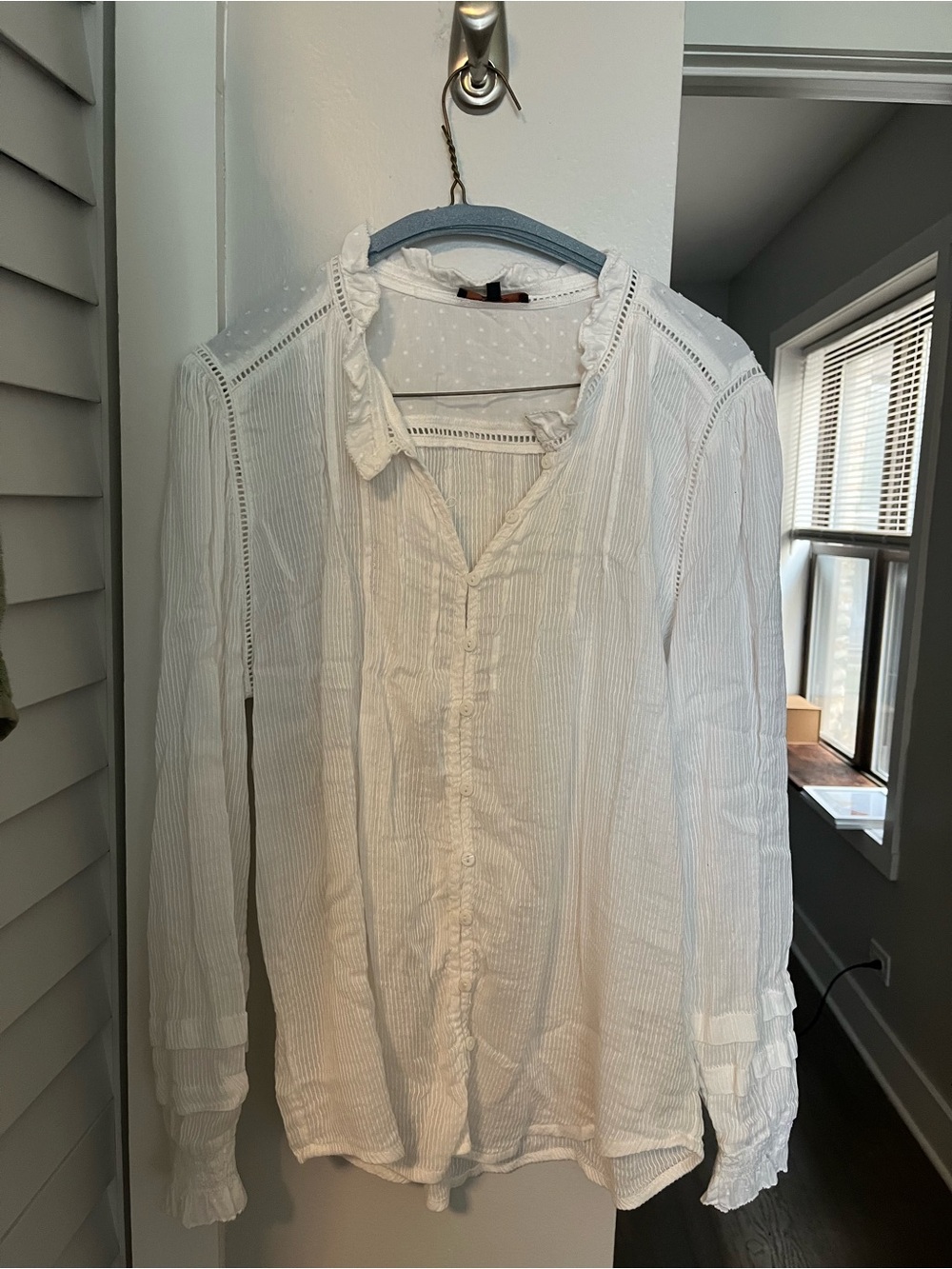 Quince White Ruffle-Trim Button-Front Blouse